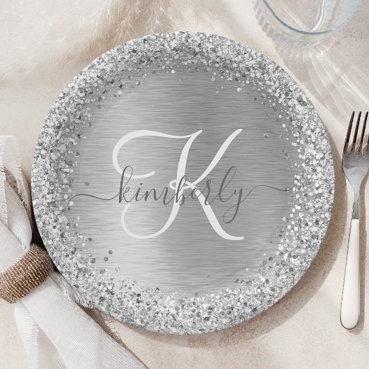 Silver Brushed Metal Glitter Monogram Name Papieren Bordje