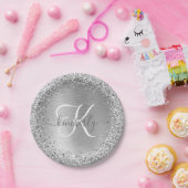Silver Brushed Metal Glitter Monogram Name Papieren Bordje (Feest)