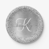 Silver Brushed Metal Glitter Monogram Name Papieren Bordje (Voorkant)