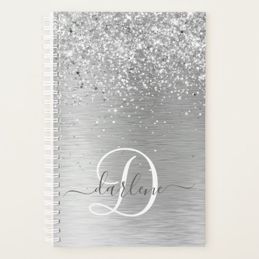 Silver Brushed Metal Glitter Monogram Name Planner (Voorkant)