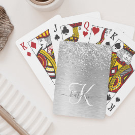 Silver Brushed Metal Glitter Monogram Name Pokerkaarten
