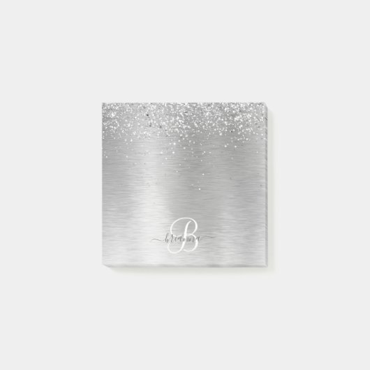Silver Brushed Metal Glitter Monogram Name Post-it® Notes (Voorkant)