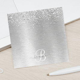 Silver Brushed Metal Glitter Monogram Name Post-it® Notes