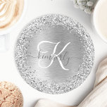 Silver Brushed Metal Glitter Monogram Name Ronde Kartonnen Onderzetter<br><div class="desc">Pas dit trendy onderzetter eenvoudig aan met  zilveren mousserende glitter op een zilveren geborstelde metalen achtergrond.</div>