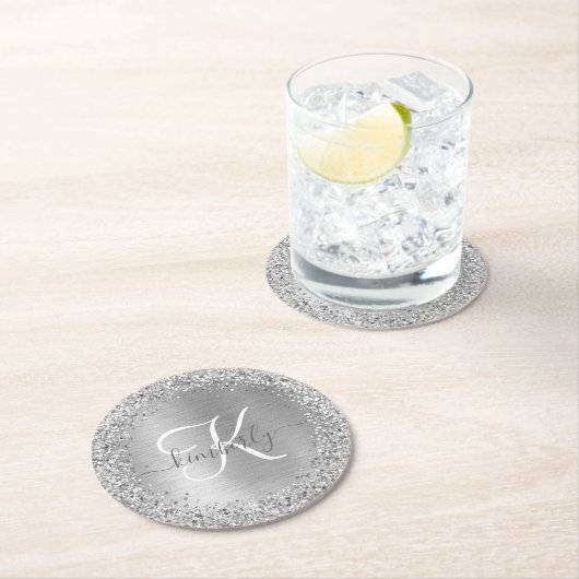 Silver Brushed Metal Glitter Monogram Name Ronde Kartonnen Onderzetter (Insitu)
