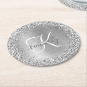 Silver Brushed Metal Glitter Monogram Name Ronde Kartonnen Onderzetter (Gebogen)