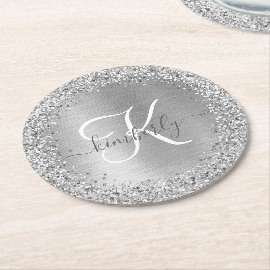 Silver Brushed Metal Glitter Monogram Name Ronde Kartonnen Onderzetter (Gebogen)