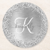 Silver Brushed Metal Glitter Monogram Name Ronde Kartonnen Onderzetter (Voorkant)