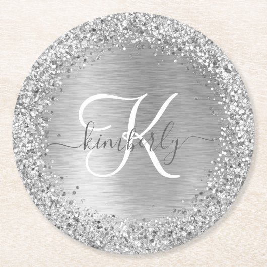 Silver Brushed Metal Glitter Monogram Name Ronde Kartonnen Onderzetter (Voorkant)