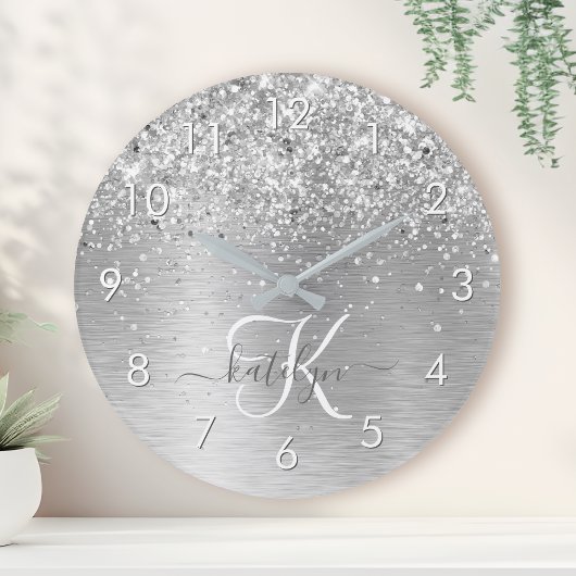 Silver Brushed Metal Glitter Monogram Name Ronde Klok