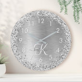 Silver Brushed Metal Glitter Monogram Name Ronde Klok