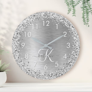 Silver Brushed Metal Glitter Monogram Name Ronde Klok