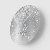 Silver Brushed Metal Glitter Monogram Name Ronde Klok (Hoek)