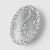 Silver Brushed Metal Glitter Monogram Name Ronde Klok (Hoek)