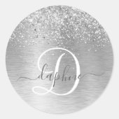 Silver Brushed Metal Glitter Monogram Name Ronde Sticker (Voorkant)
