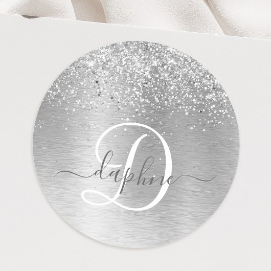 Silver Brushed Metal Glitter Monogram Name Ronde Sticker