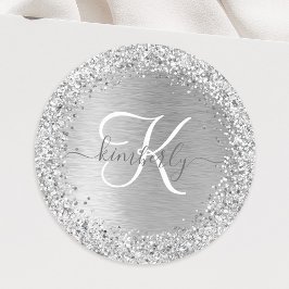 Silver Brushed Metal Glitter Monogram Name Ronde Sticker