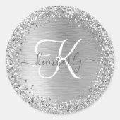 Silver Brushed Metal Glitter Monogram Name Ronde Sticker (Voorkant)
