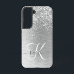 Silver Brushed Metal Glitter Monogram Name Samsung Galaxy Hoesje<br><div class="desc">Pas dit trendy ontwerp van de telefoonbehuizing eenvoudig aan met  zilveren mousserende glitter op een zilveren geborstelde metalen achtergrond.</div>