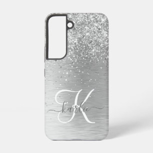 Silver Brushed Metal Glitter Monogram Name Samsung Galaxy Hoesje