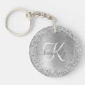 Silver Brushed Metal Glitter Monogram Name Sleutelhanger (Voorkant)