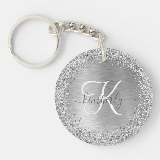 Silver Brushed Metal Glitter Monogram Name Sleutelhanger (Voorkant)