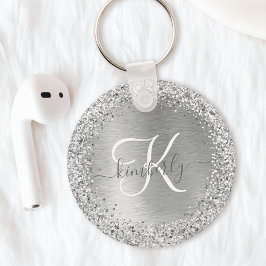 Silver Brushed Metal Glitter Monogram Name Sleutelhanger