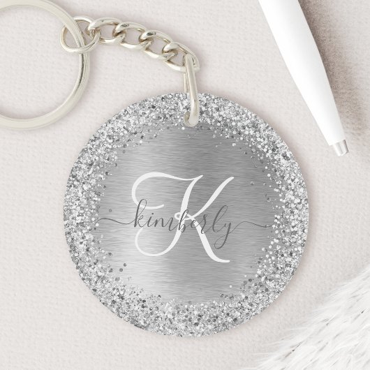 Silver Brushed Metal Glitter Monogram Name Sleutelhanger