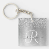 Silver Brushed Metal Glitter Monogram Name Sleutelhanger (Voorkant)
