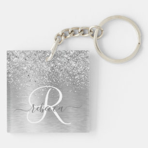 Silver Brushed Metal Glitter Monogram Name Sleutelhanger