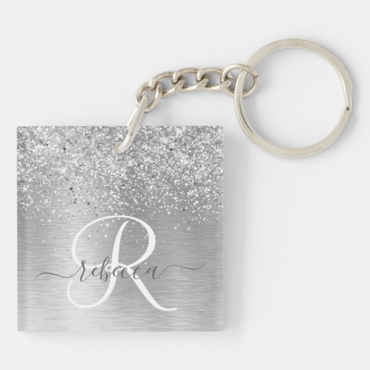 Silver Brushed Metal Glitter Monogram Name Sleutelhanger (Achterkant)