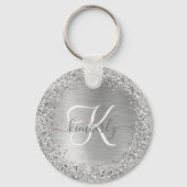 Silver Brushed Metal Glitter Monogram Name Sleutelhanger (Voorkant)