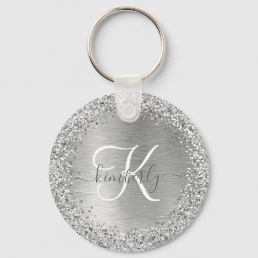 Silver Brushed Metal Glitter Monogram Name Sleutelhanger (Voorkant)