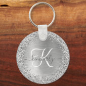 Silver Brushed Metal Glitter Monogram Name Sleutelhanger (Voorkant)