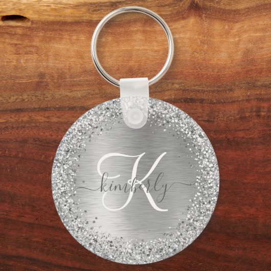 Silver Brushed Metal Glitter Monogram Name Sleutelhanger (Voorkant)