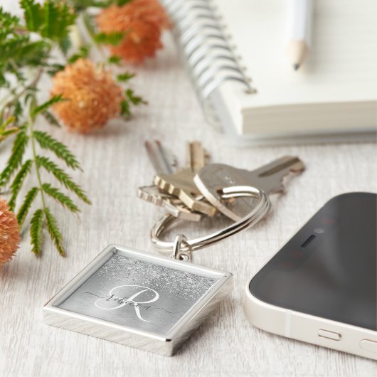 Silver Brushed Metal Glitter Monogram Name Sleutelhanger (Zijkant)