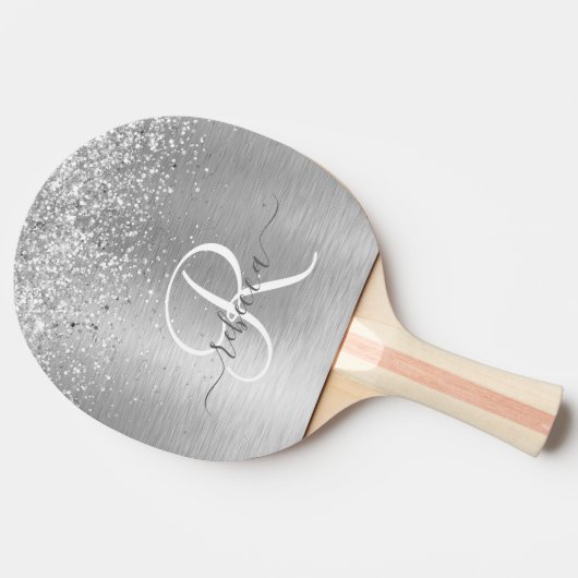 Silver Brushed Metal Glitter Monogram Name Tafeltennisbatje (Zijkant)
