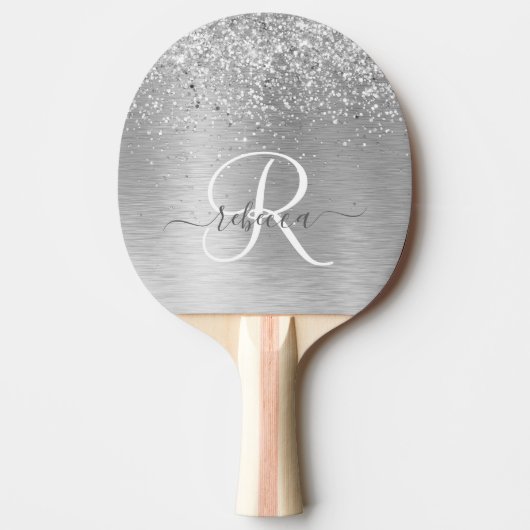 Silver Brushed Metal Glitter Monogram Name Tafeltennisbatje (Voorkant)