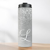 Silver Brushed Metal Glitter Monogram Name Thermosbeker