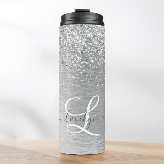 Silver Brushed Metal Glitter Monogram Name Thermosbeker