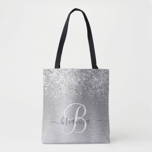 Silver Brushed Metal Glitter Monogram Name Tote Bag (Voorkant)