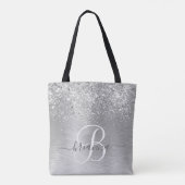 Silver Brushed Metal Glitter Monogram Name Tote Bag (Achterkant)