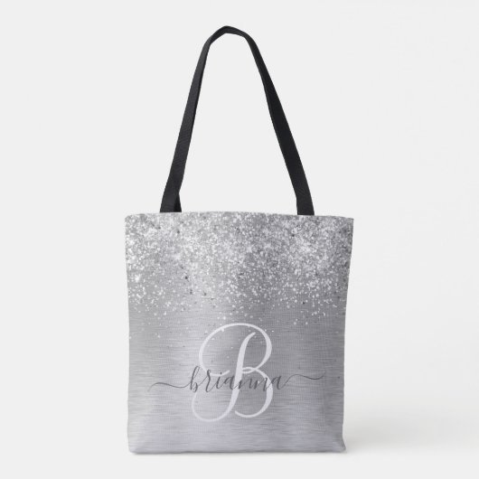 Silver Brushed Metal Glitter Monogram Name Tote Bag (Achterkant)