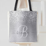 Silver Brushed Metal Glitter Monogram Name Tote Bag<br><div class="desc">Pas dit trendy ontwerp van de canvas tas met  zilveren mousserende glitter eenvoudig aan op een zilveren geborstelde metalen achtergrond.</div>
