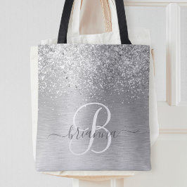 Silver Brushed Metal Glitter Monogram Name Tote Bag