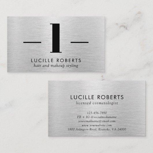 Silver Brushed Metal Letter L Monogram Hair Makeup Visitekaartje (Voorkant / Achterkant)