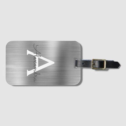 Silver Brushed Metal Monogram Name and Initiaal Bagagelabel (Voorkant (horizontaal))