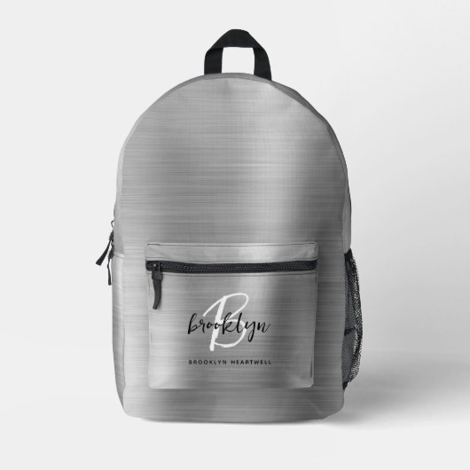 Silver Brushed Metal Monogram Name Bedrukte Rugzak (Voorkant)