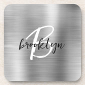 Silver Brushed Metal Zwart Wit Script Monogram Bier Onderzetter (Voorkant)