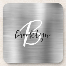 Silver Brushed Metal Zwart Wit Script Monogram Bier Onderzetter